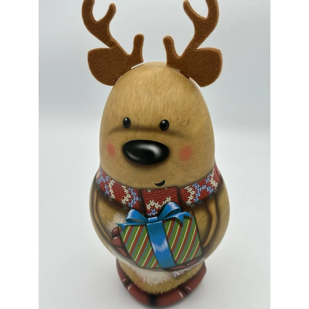 3-D Reindeer Moose Winter Christmas Treats Tin Container W/ Felt Horns 11 Inches